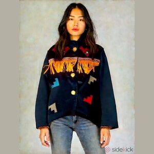 Marylou Ozbolt Storer Aztec Wool Leather Fringe Coat